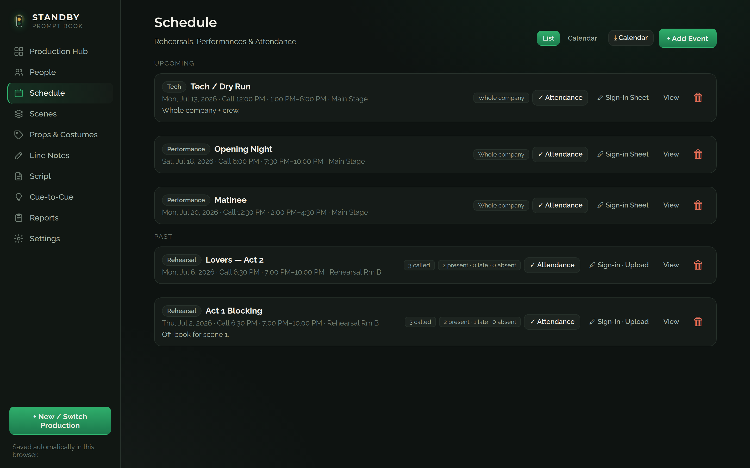 The Schedule module listing rehearsals and performances with call times, attendance tracking, and sign-in sheet actions.